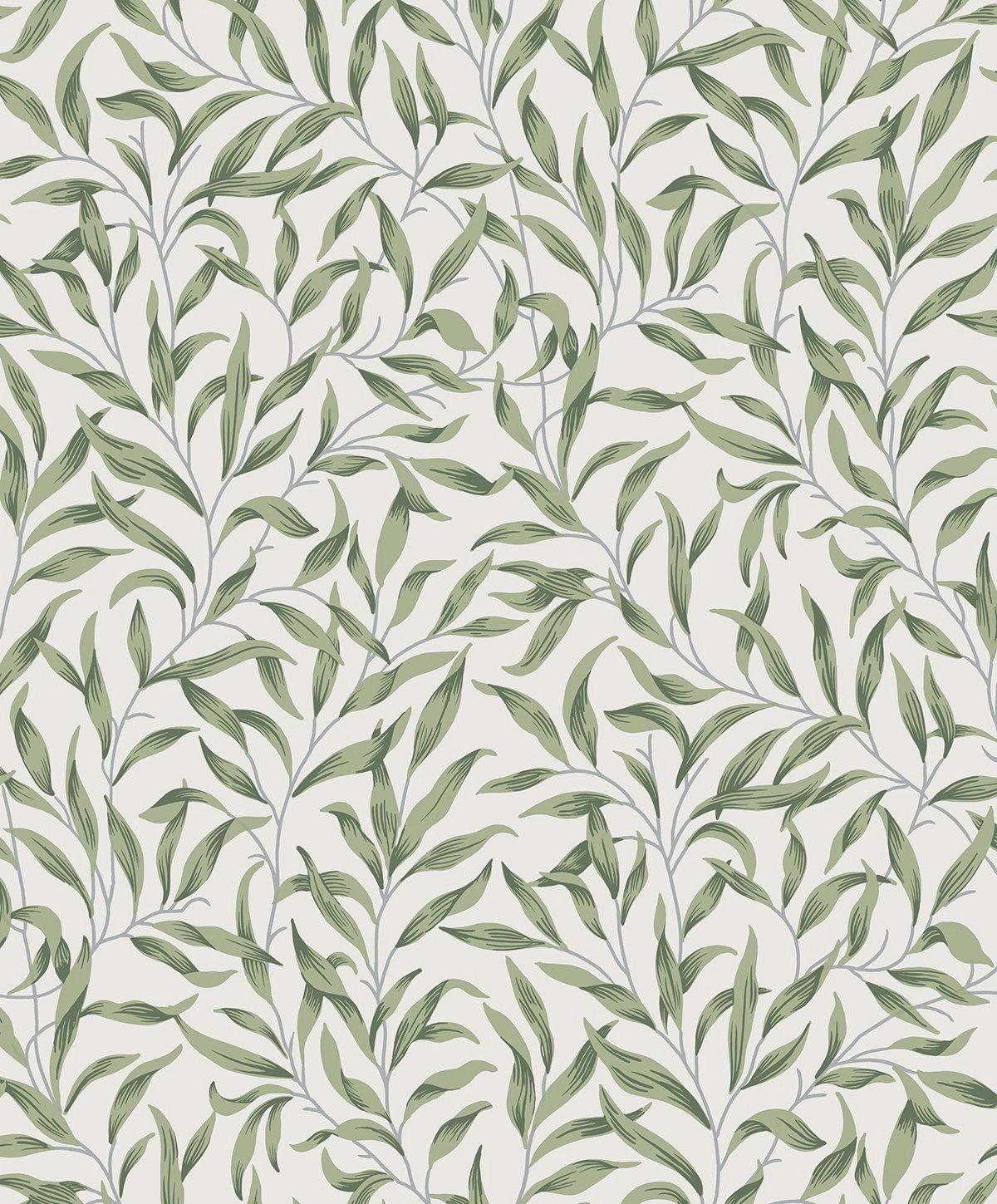 Willow Trail wallpaper in Sprig Green featuring an allover willow leaf trail on a light ground.