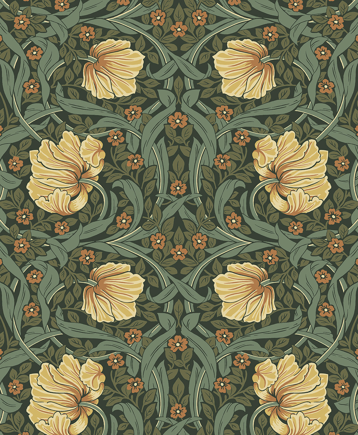 Pimpernel Garden wallpaper pattern in meadow green and amber with vintage botanical florals and scrolling vines.