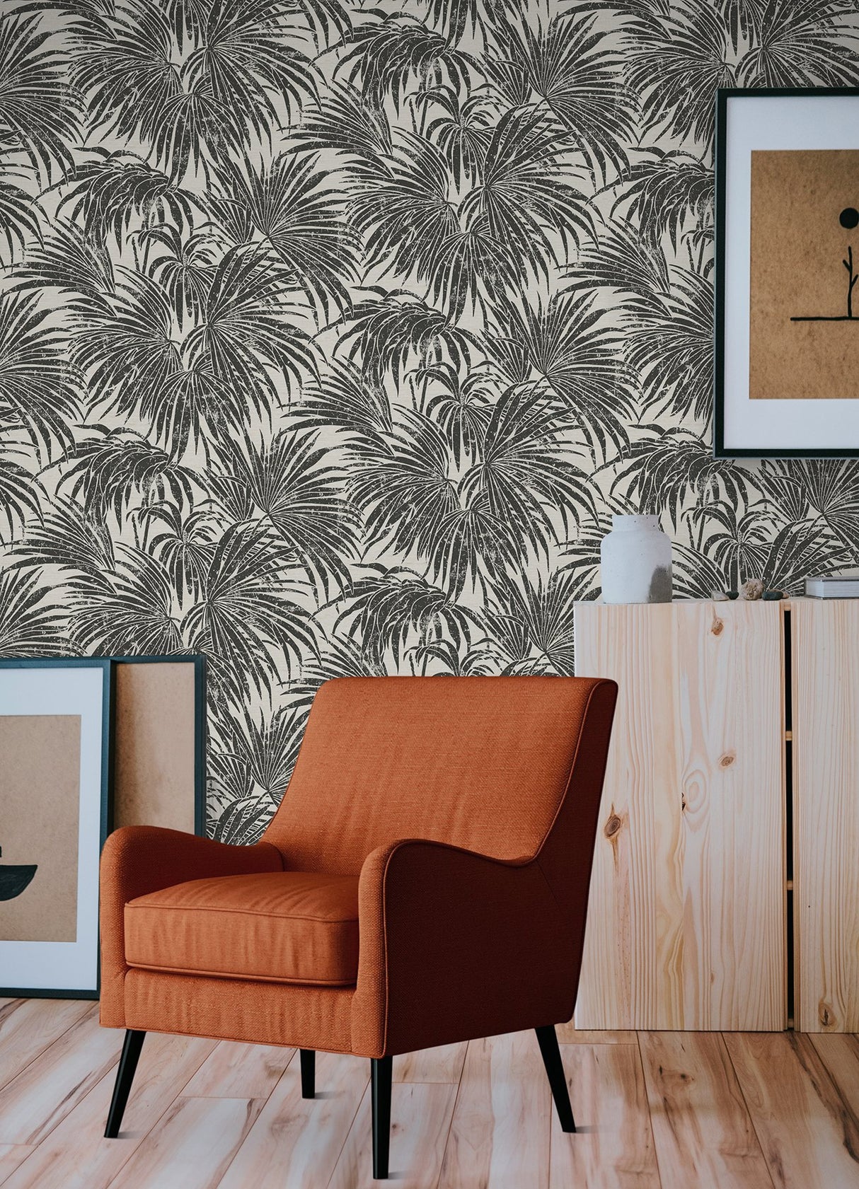 Cassava Palm Black & White Peel & Stick Wallpaper with Modern Botanical Leaves Pattern - NuWallpaper ESS6016