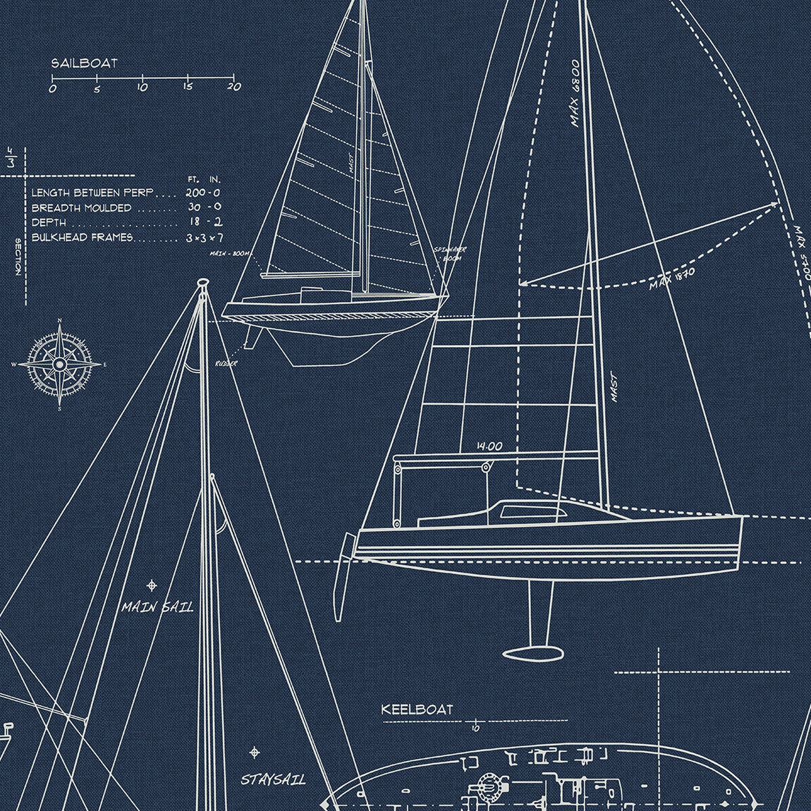 Sail Away Navy Blue by Etten Studios Nautical Sailboat Blueprint Wallpaper – Etten Studios ET10222-Sample