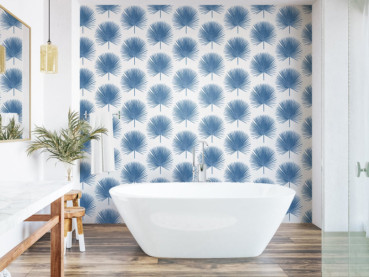 Palm Fronds Coastal Blue by Etten Studios Online Tropical Botanical Wallpaper – Etten Studios ET10602
