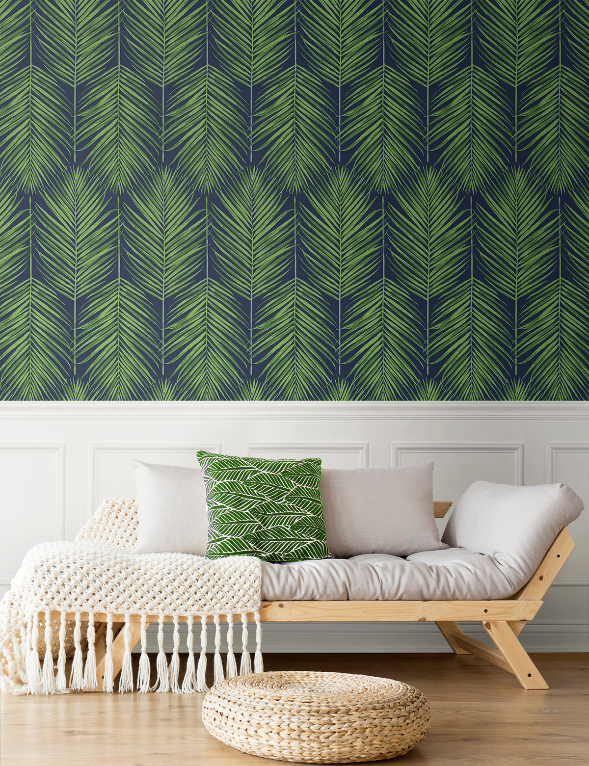 Marina Palm Moss Green & Blue by Etten Studios Online Botanical Palm Wallpaper – Etten Studios ET10714