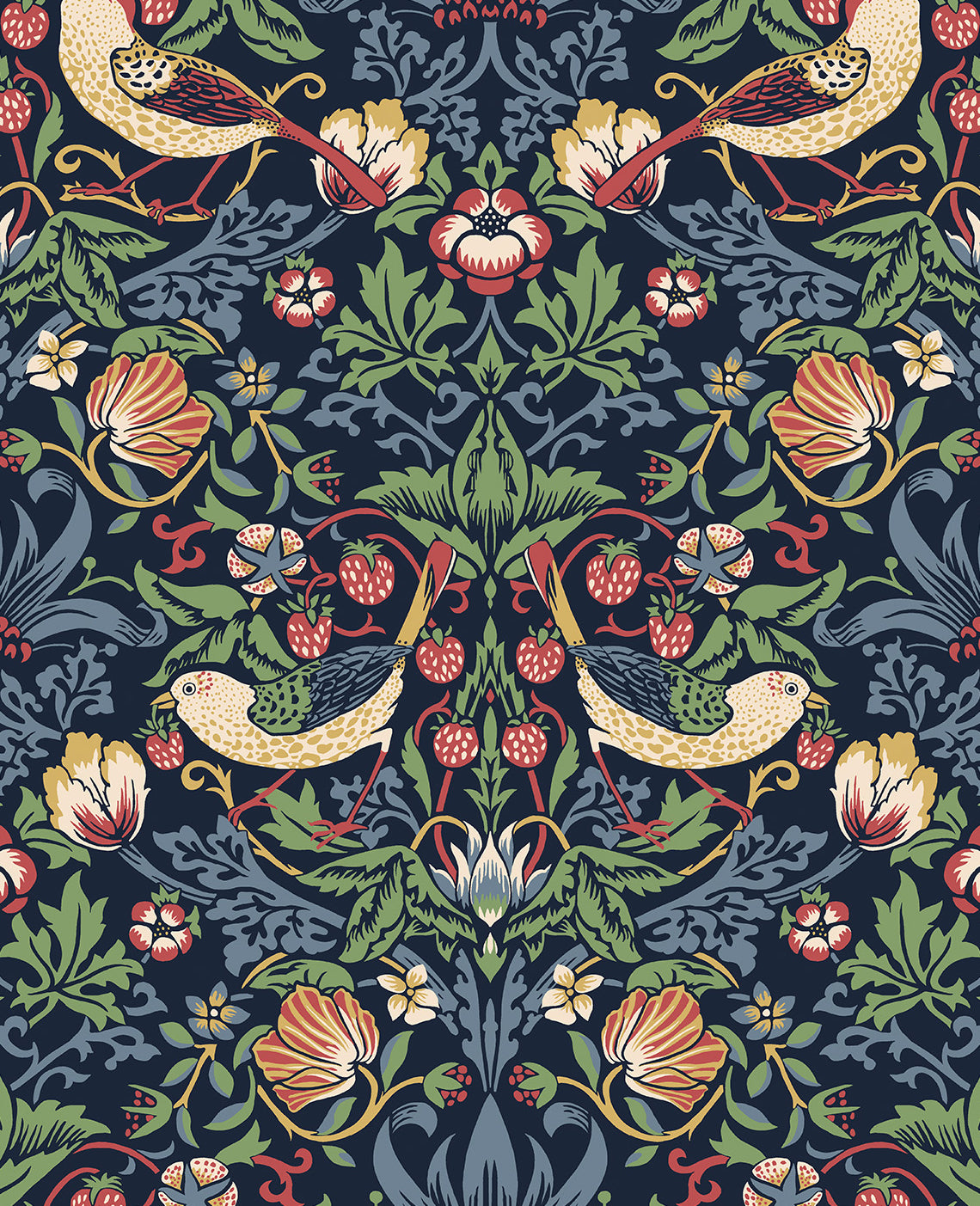 Vintage-style birds, strawberries, and foliage on a midnight blue ground wallpaper pattern