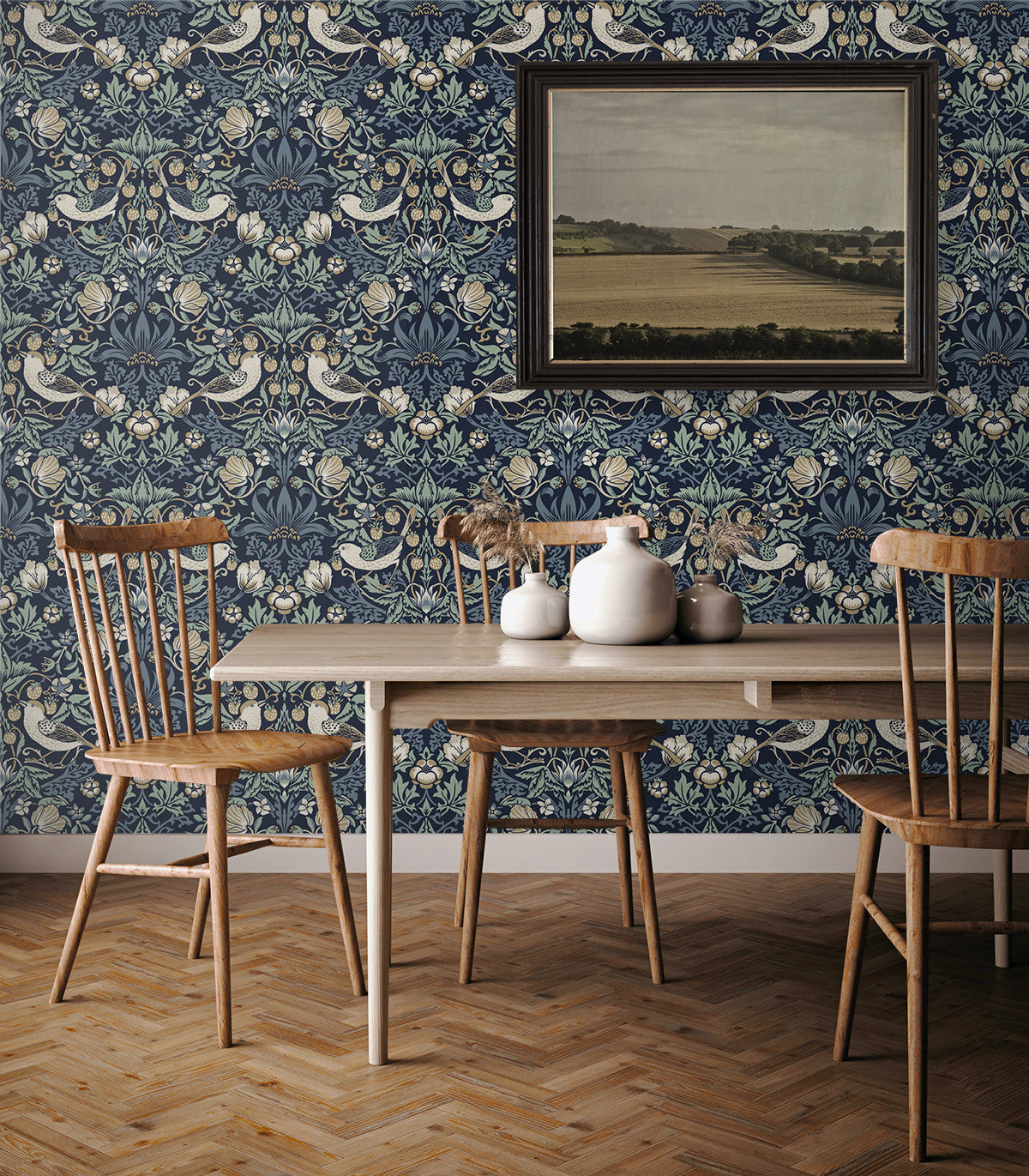 Fragaria Garden Navy Blue & Aloe by Legacy Prints Vintage Bird & Strawberry Wallpaper – Etten Studios ET11212