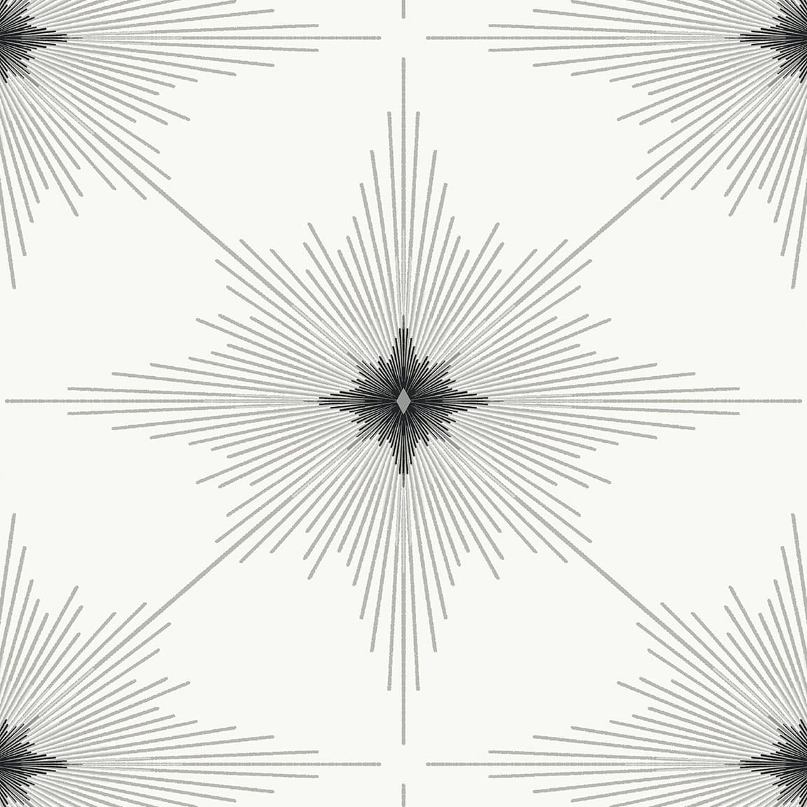 North Star geometric starburst wallpaper in Snowbound with metallic finish