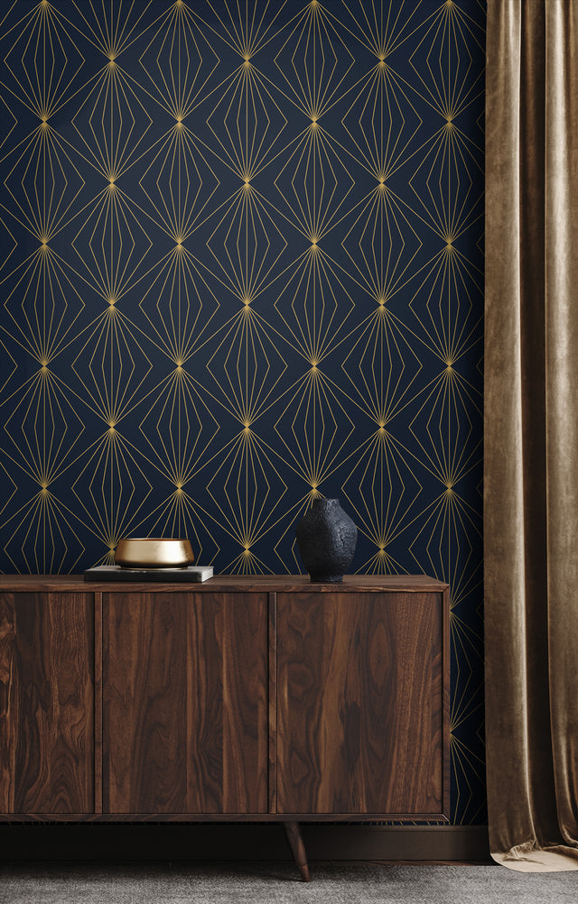Diamond Vector Navy Blue & Metallic Gold by Etten Studios Online Geometric Wallpaper – Etten Studios ET11502