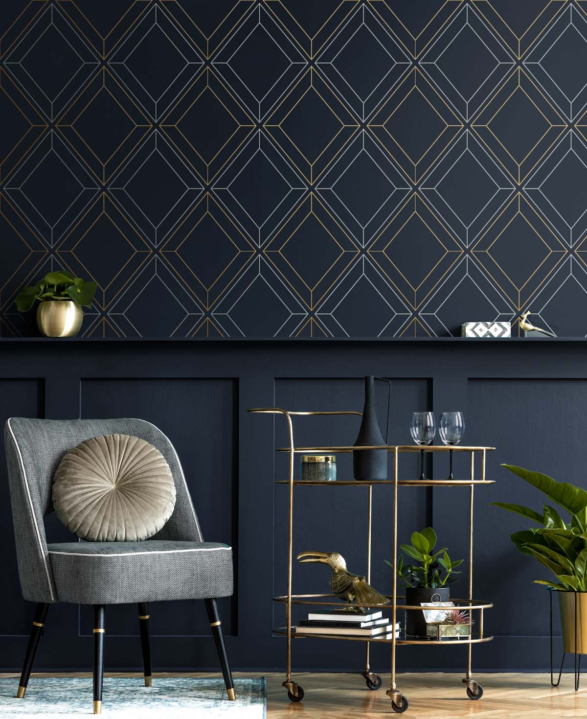 Linework Gem Midnight Blue & Metallic Gold by Etten Studios Metallic Geometric Wallpaper – Etten Studios ET11602-Sample