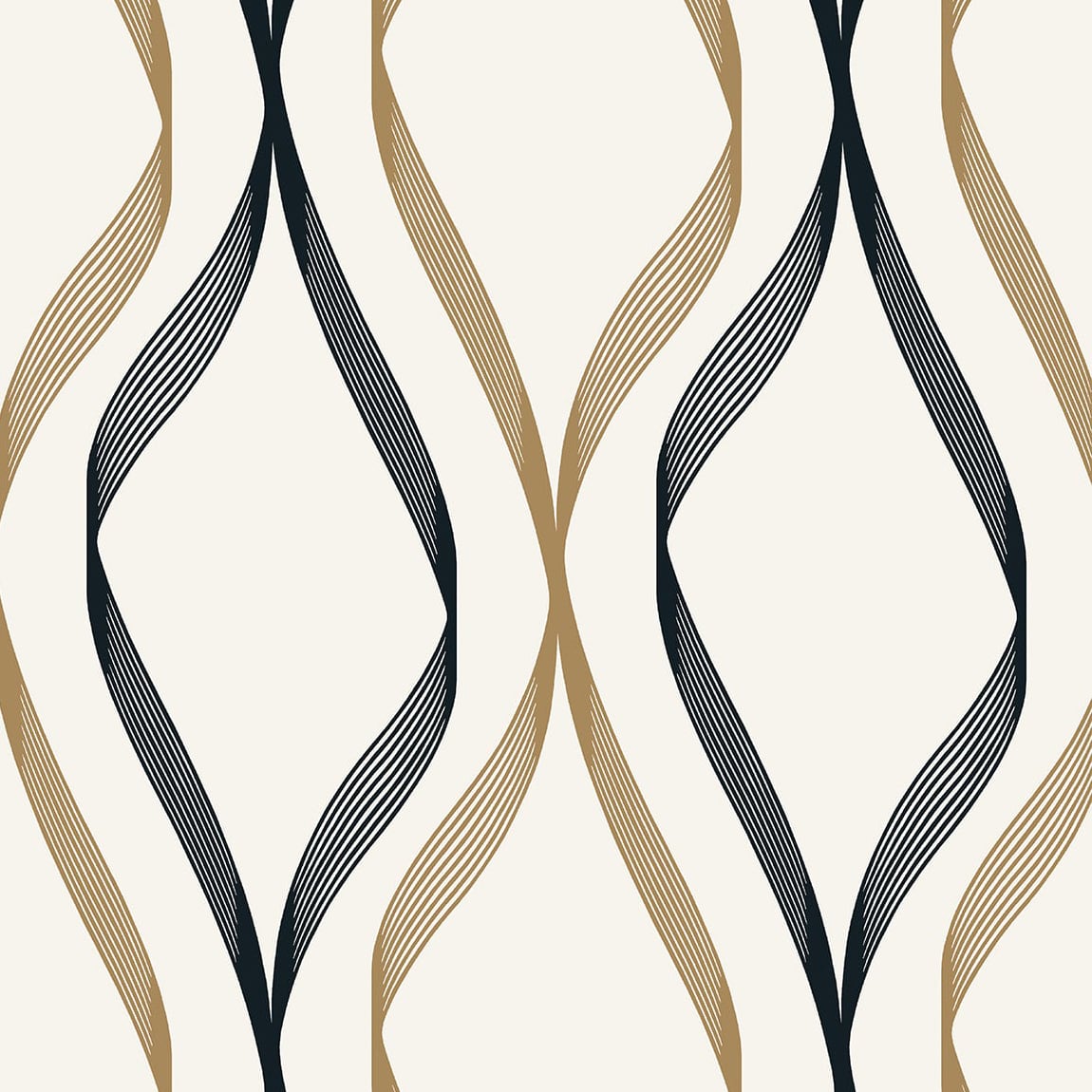 Wave Ogee wallpaper in metallic gold and ebony geometric ogee pattern by Etten Studios, SKU ET11806