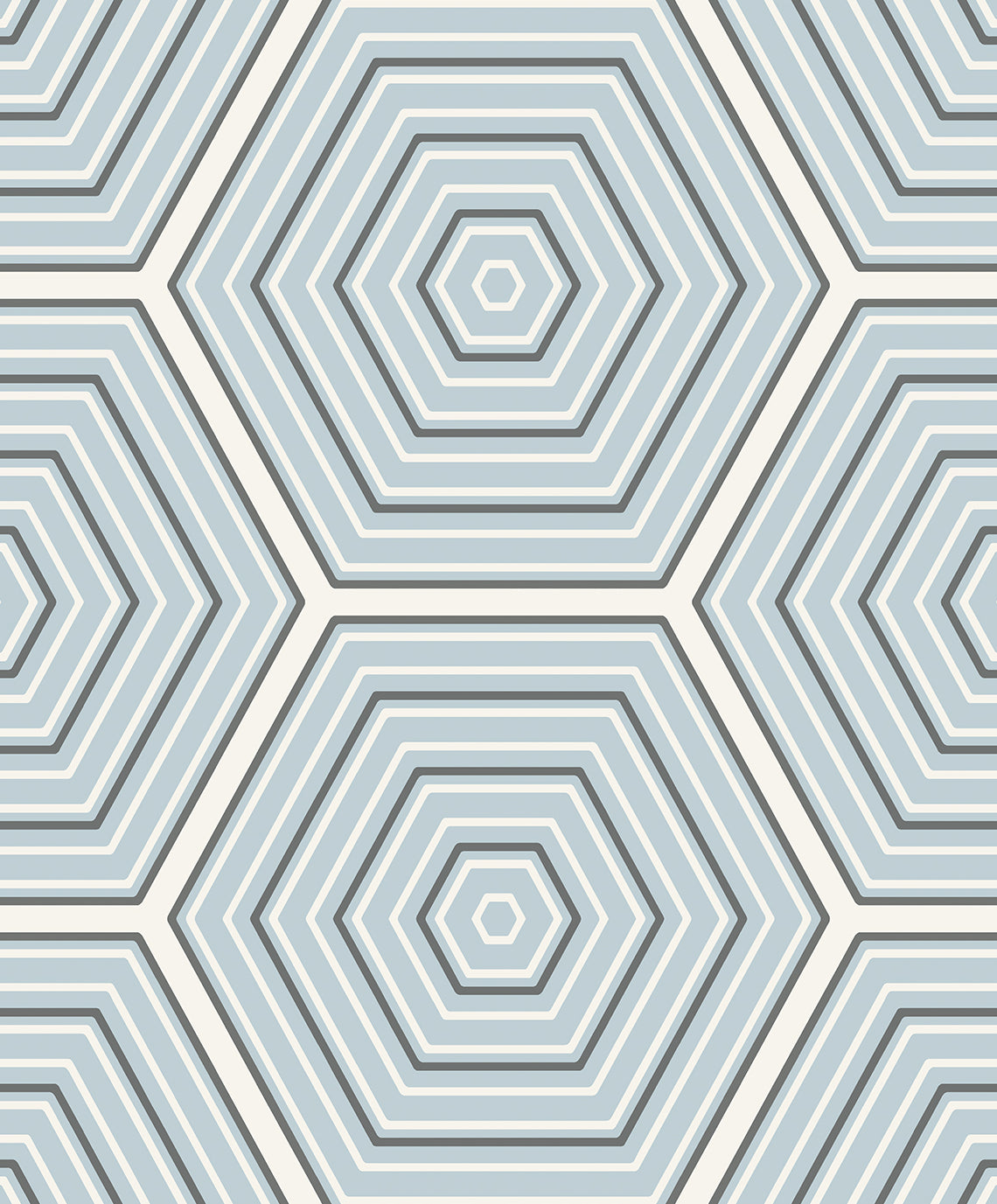 Hex Topography geometric wallpaper in sky blue and grey concentric hexagon pattern with a matte finish