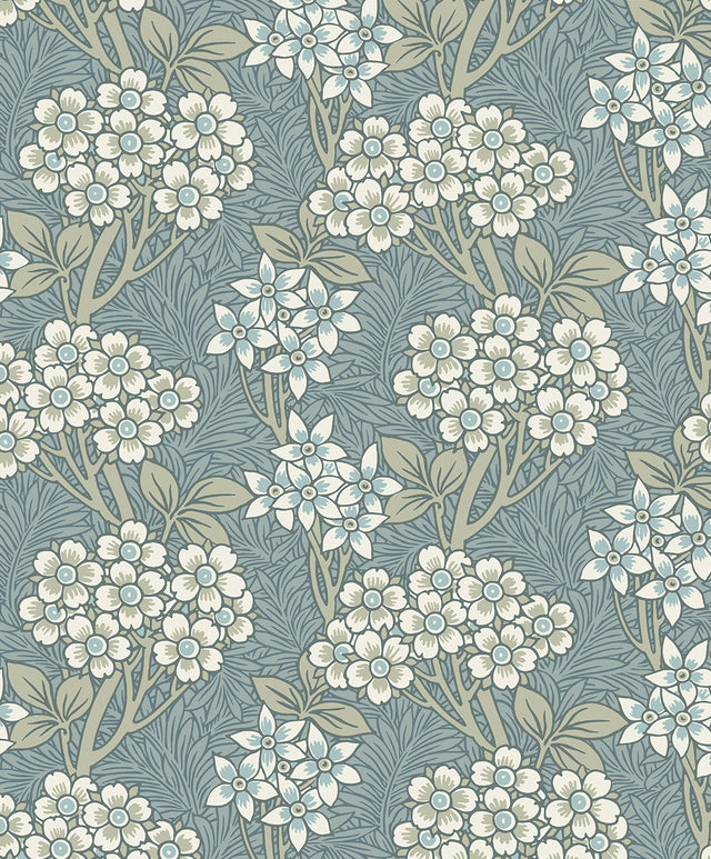 Floral Vine wallpaper in Stream Blue & Sage with vintage floral branches and blossoms