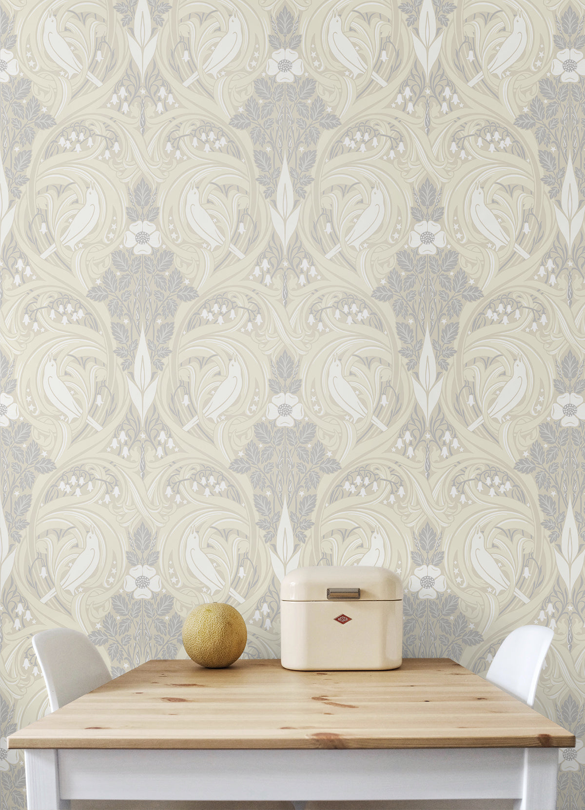 Bird Scroll Swiss Coffee & Grey by Legacy Prints Vintage Botanical Wallpaper- Etten Studios ET12205