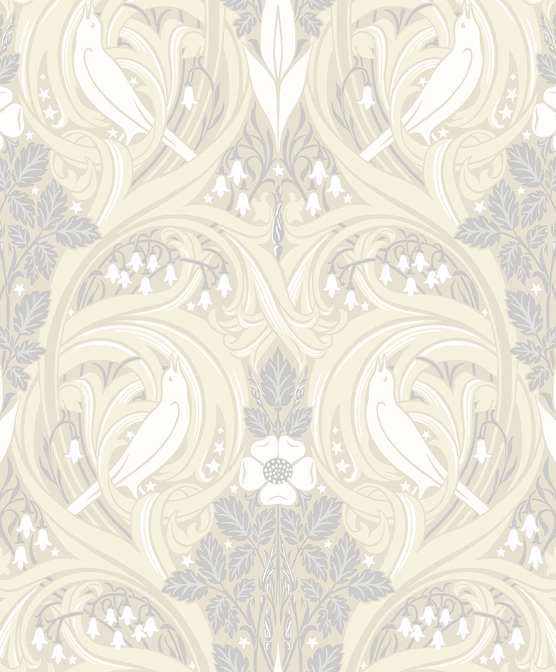 Bird Scroll wallpaper in Swiss Coffee and Grey with vintage botanical scrollwork and birds