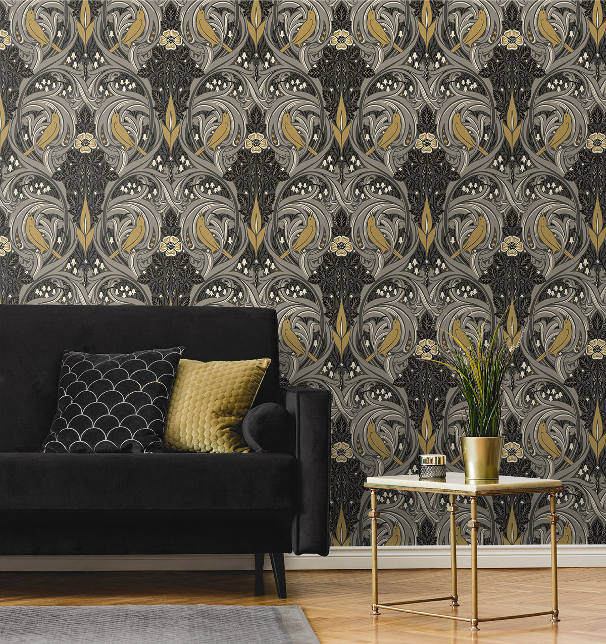 Bird Scroll Charcoal & Goldenrod by Legacy Prints Botanical Bird Scroll Wallpaper – Etten Studios ET12208