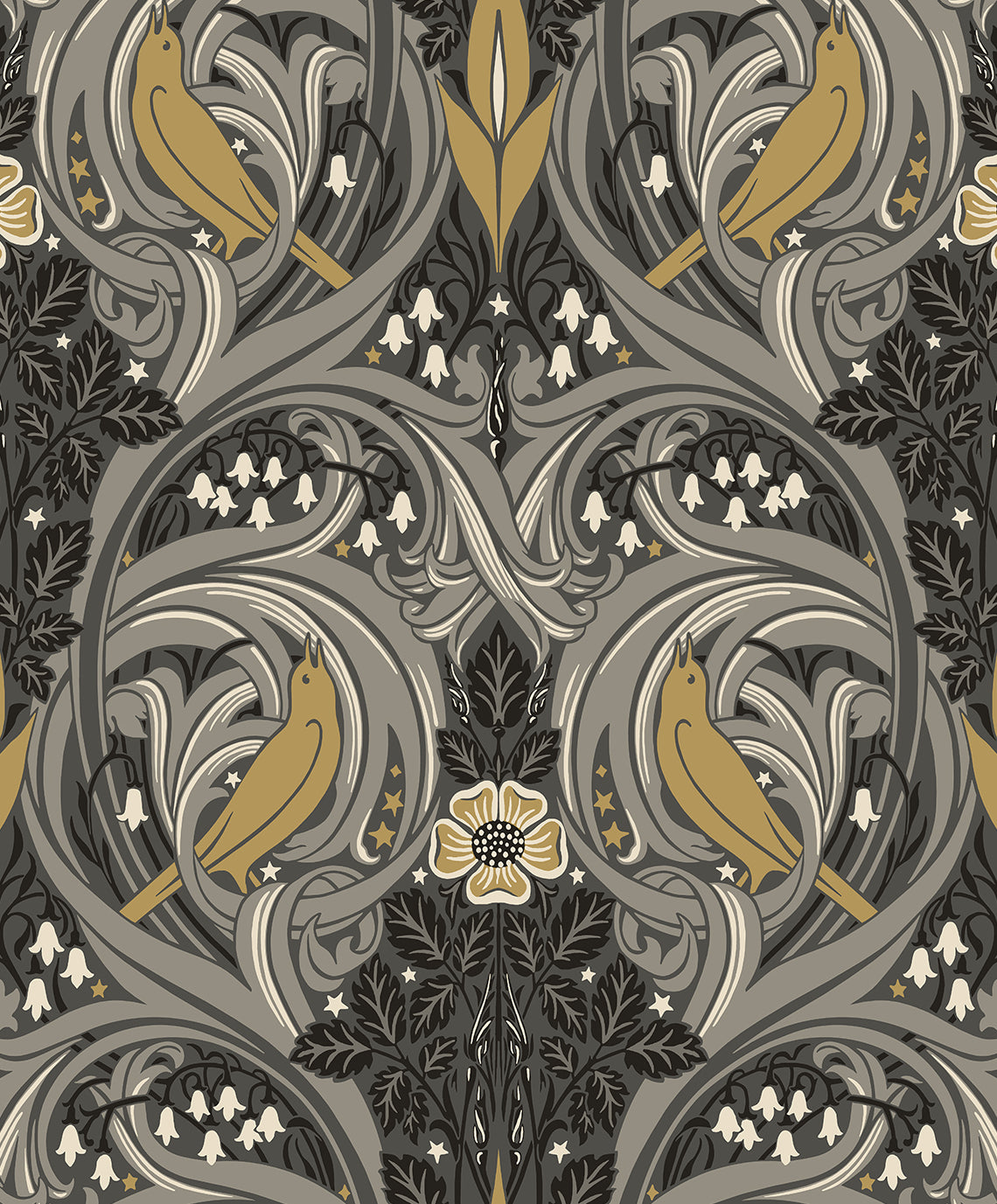 Bird Scroll wallpaper pattern in charcoal grey with goldenrod birds and scrolling botanical motifs