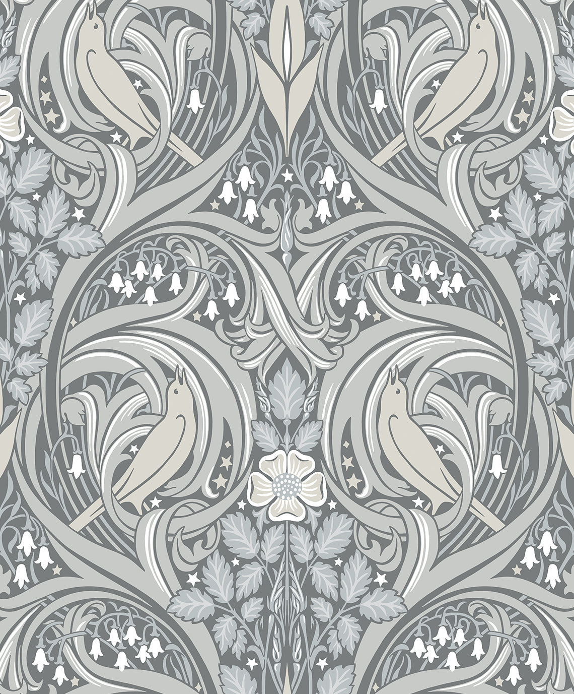 Vintage bird and botanical scroll wallpaper in grey and linen tones