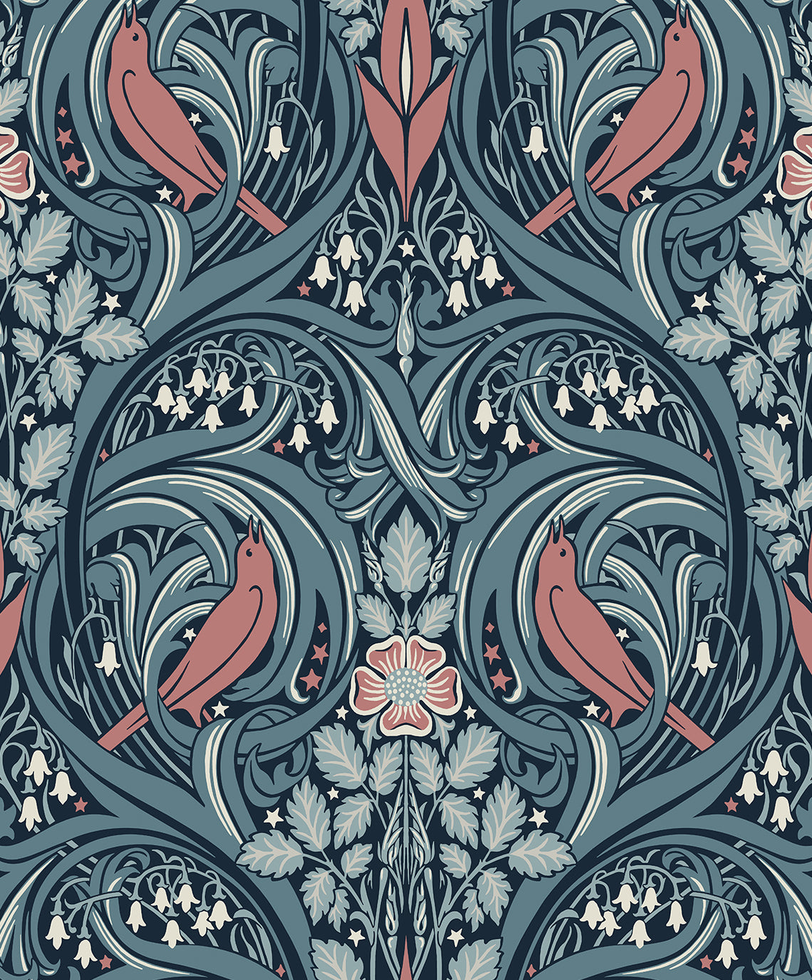 Bird Scroll wallpaper in Aegean teal and coral with vintage scrolling botanicals and birds