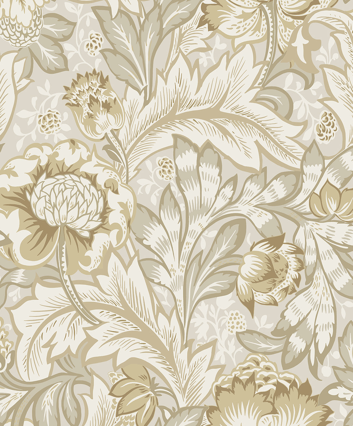 Acanthus Garden warm neutral botanical wallpaper with vintage floral and acanthus leaf motif