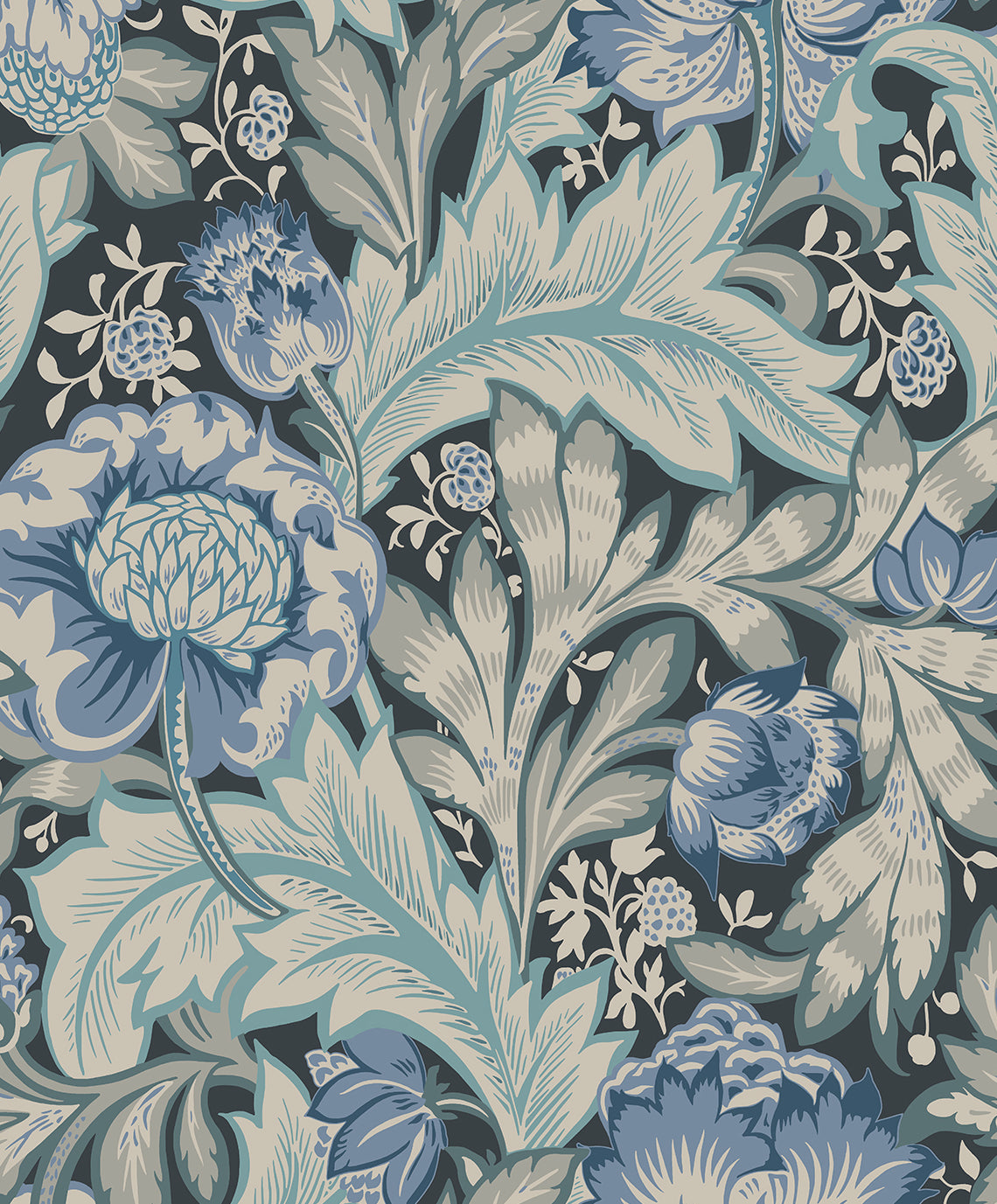 Acanthus Garden wallpaper in bluestone and golden tones with vintage botanical acanthus leaves and floral motifs on a dark ground.