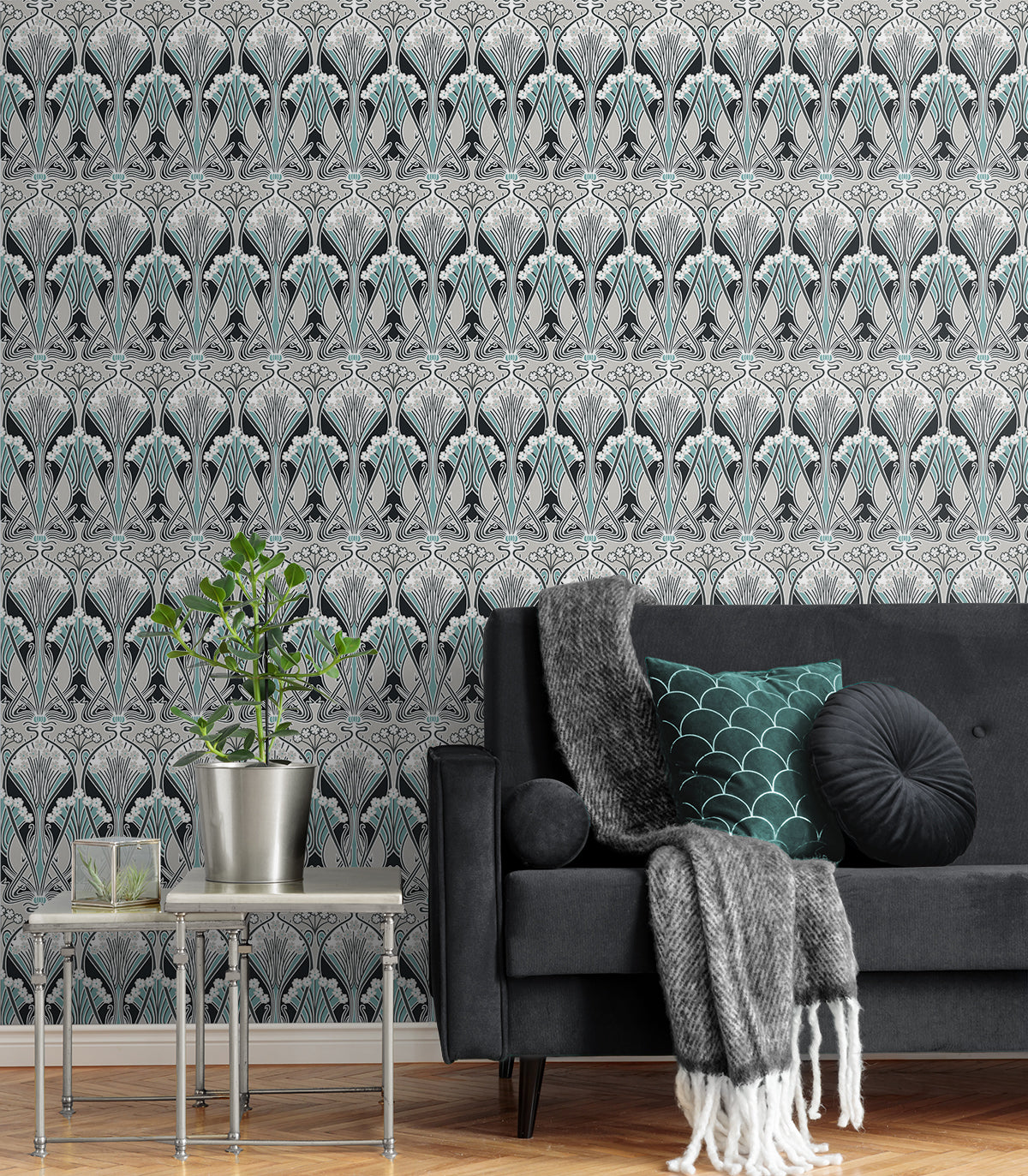 Dragonfly Damask Ebony & Aqua by Legacy Prints Vintage Damask Wallpaper – Etten Studios ET12404