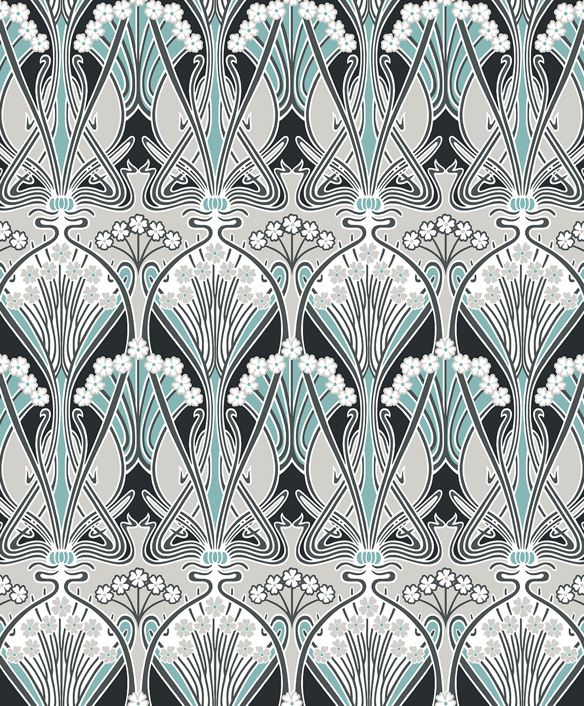 Dragonfly Damask wallpaper in ebony and aqua with an Art Nouveau style damask motif and matte finish