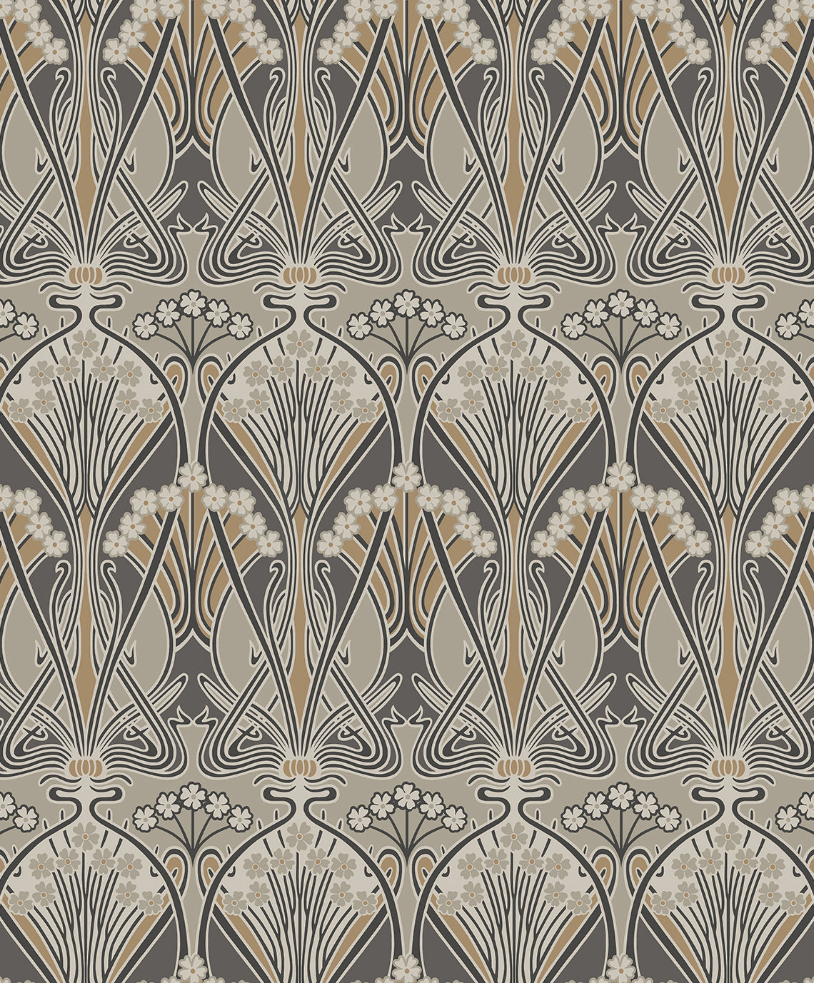 Dragonfly Damask wallpaper in bronze and smoke grey with a vintage Art Deco inspired damask motif and metallic finish.