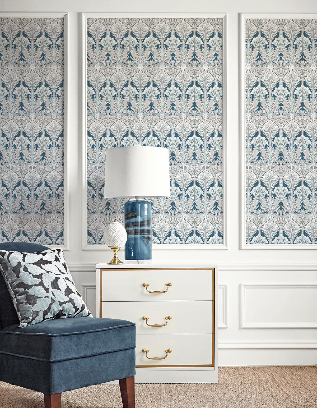 Dragonfly Damask Aegean Blue & Dewdrop by Legacy Prints Damask Wallpaper – Etten Studios ET12414