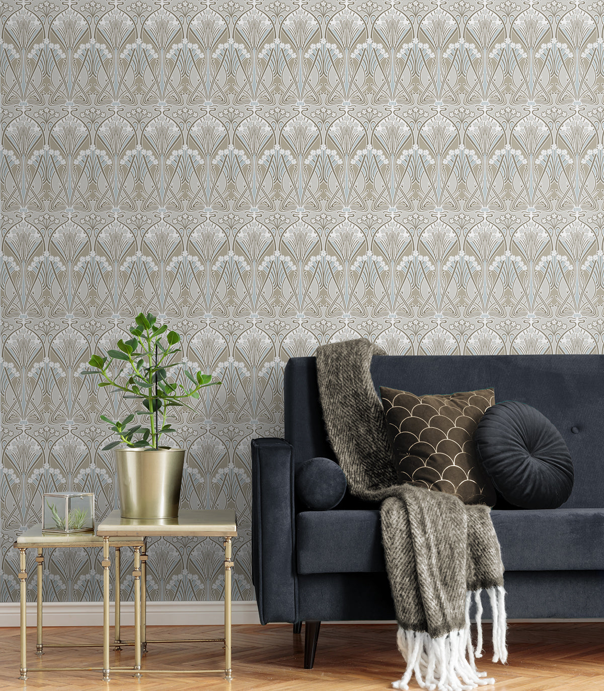 Dragonfly Damask Soft Taupe & Blue Mist by Legacy Prints Vintage Damask Wallpaper – Etten Studios ET12424