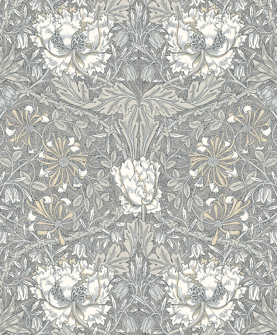 Ogee Flora wallpaper in Stone Grey & Desert Sand featuring an ornate vintage floral vine pattern.
