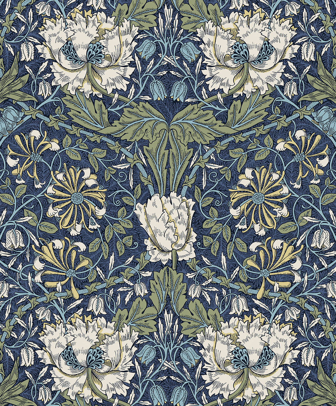 Vintage ogee floral wallpaper in indigo blue with cream flowers and green foliage