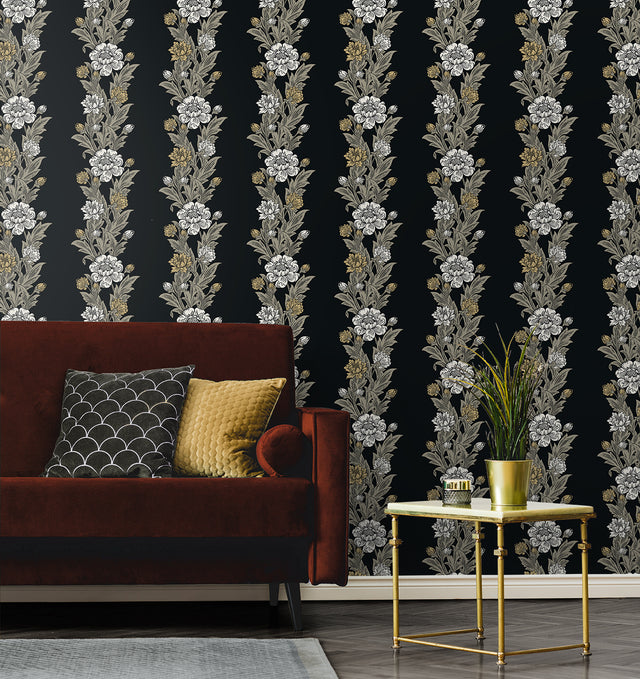 Blooming Stripe Ebony and Goldenrod by Legacy Prints Floral Stripe Wallpaper – Etten Studios ET12700