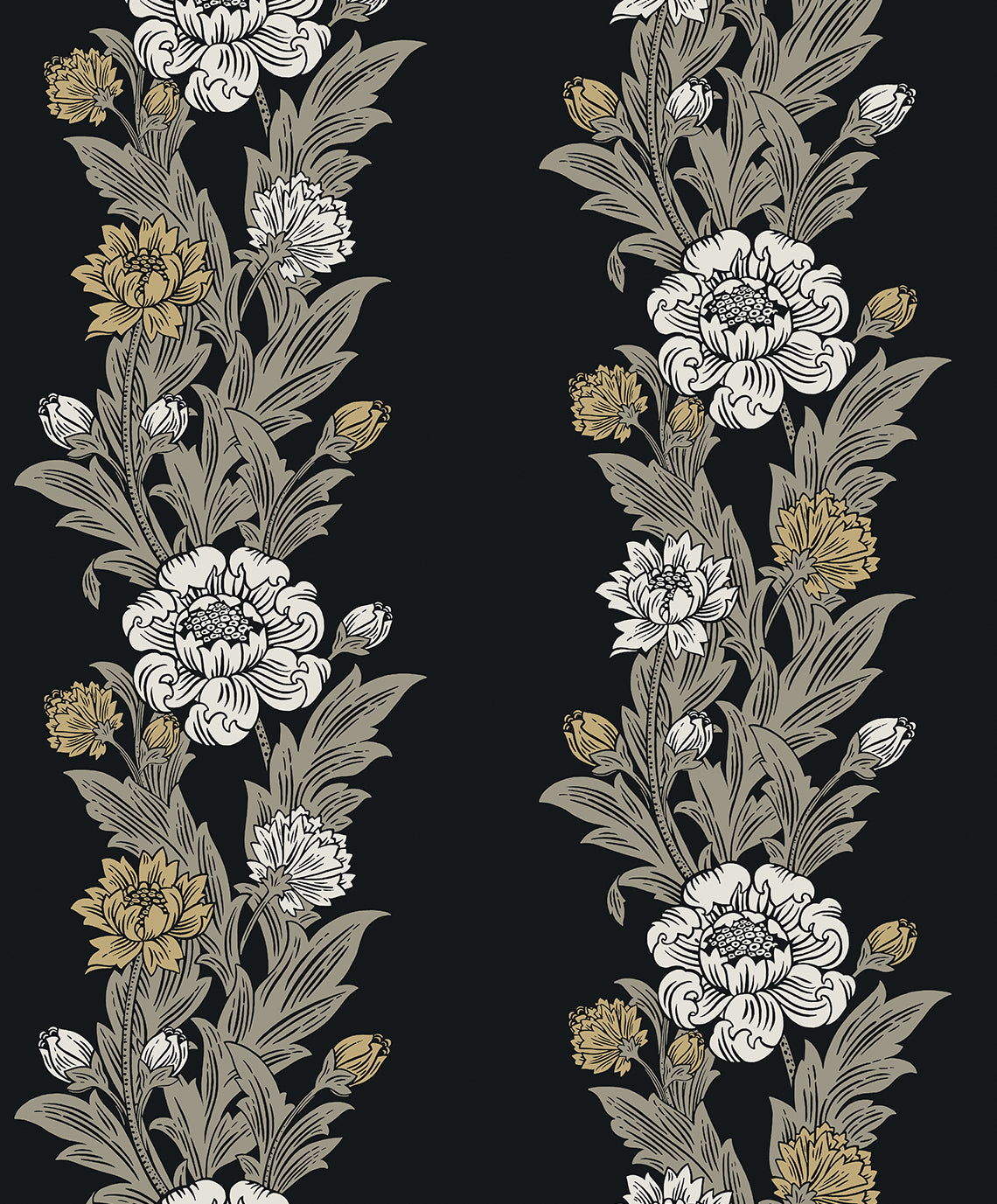 Blooming Stripe wallpaper in ebony and goldenrod floral stripe pattern