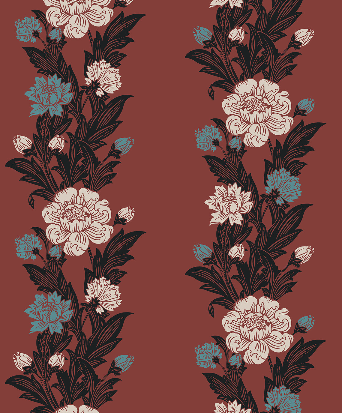Blooming Stripe wallpaper in Pale Carmine & Aqua with vertical floral stripes and matte finish
