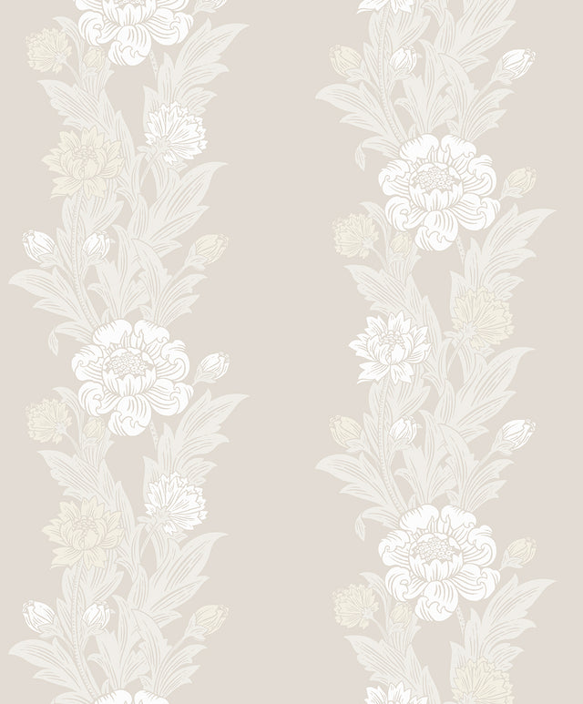 Blooming Stripe wallpaper in Swiss Coffee, vintage floral stripe pattern in soft beige and off-white