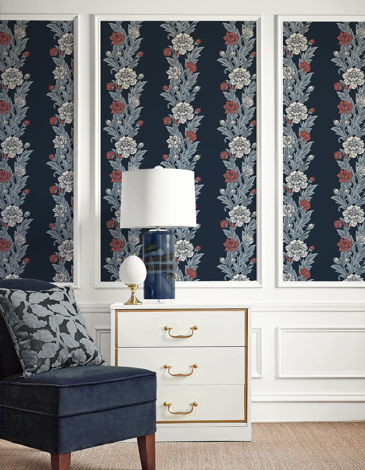 Blooming Stripe Deep Navy & Berry by Legacy Prints Floral Stripe Wallpaper – Etten Studios ET12712