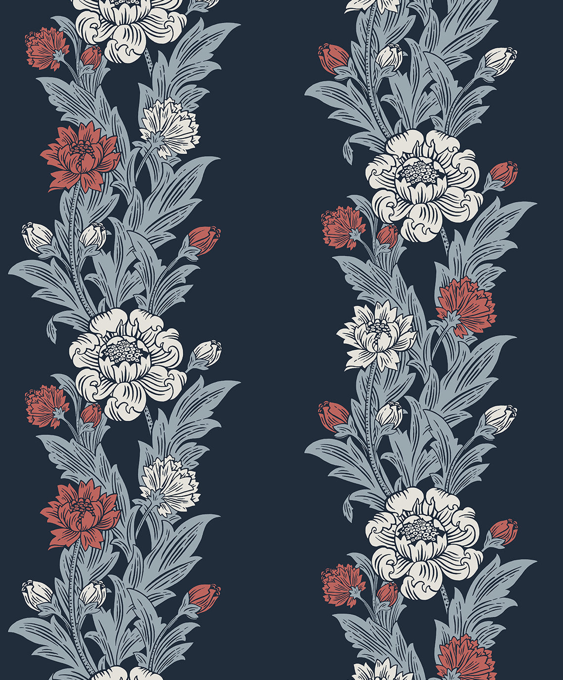Blooming Stripe wallpaper in deep navy with berry, cream, and gray floral stripe columns
