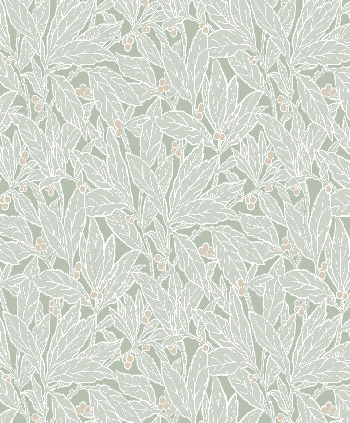 Leaf and Berry Spearmint botanical leaf and berry wallpaper pattern in matte finish