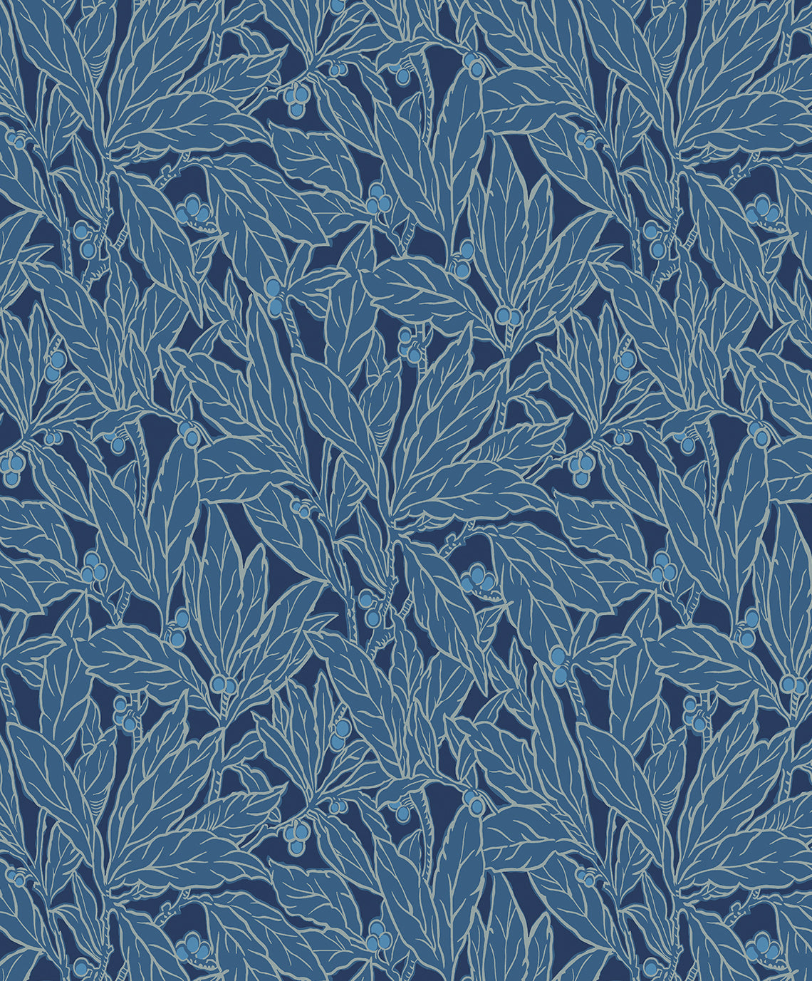 Leaf and Berry wallpaper in marine blue with vintage botanical leaves and berry outlines