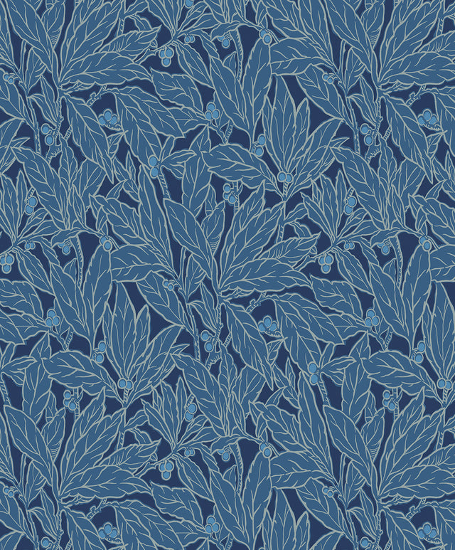 Leaf and Berry wallpaper in marine blue with vintage botanical leaves and berry outlines