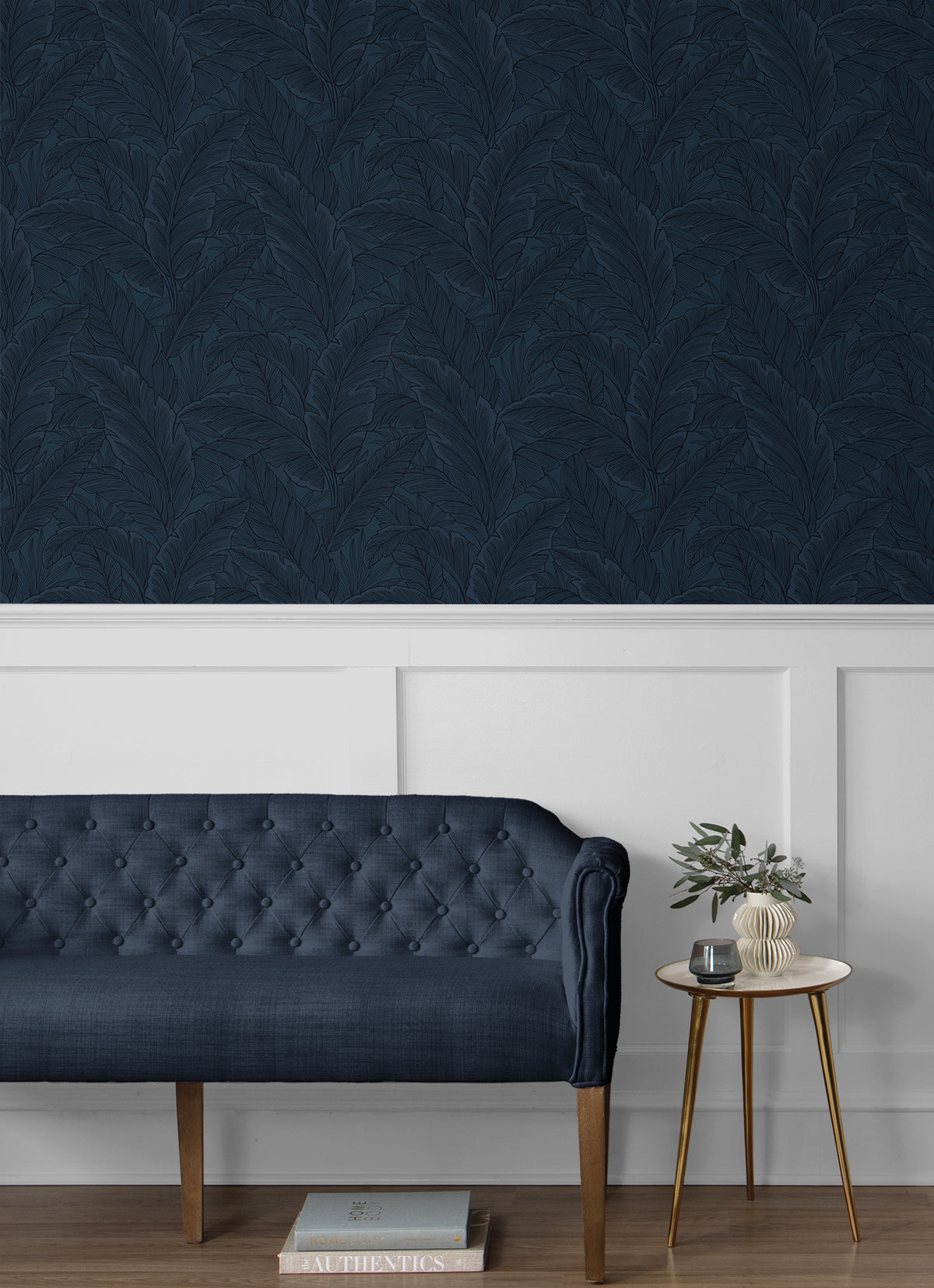 Gulf Tropical Leaves Navy Blue by Etten Studios Tropical Palm Leaf Wallpaper – Etten Studios ET13002