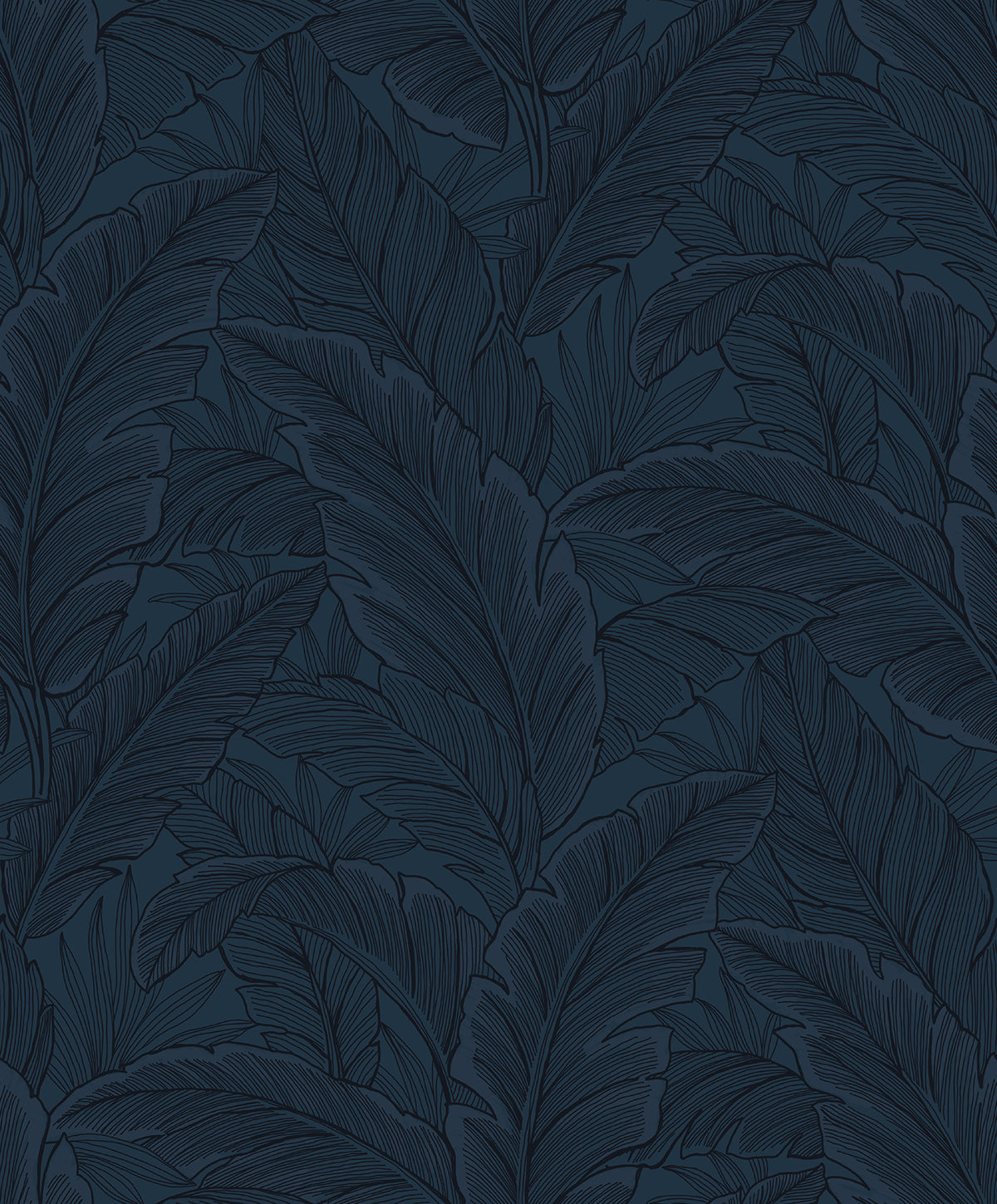 Navy blue tropical palm leaf wallpaper pattern (Gulf Tropical Leaves) by Etten Studios