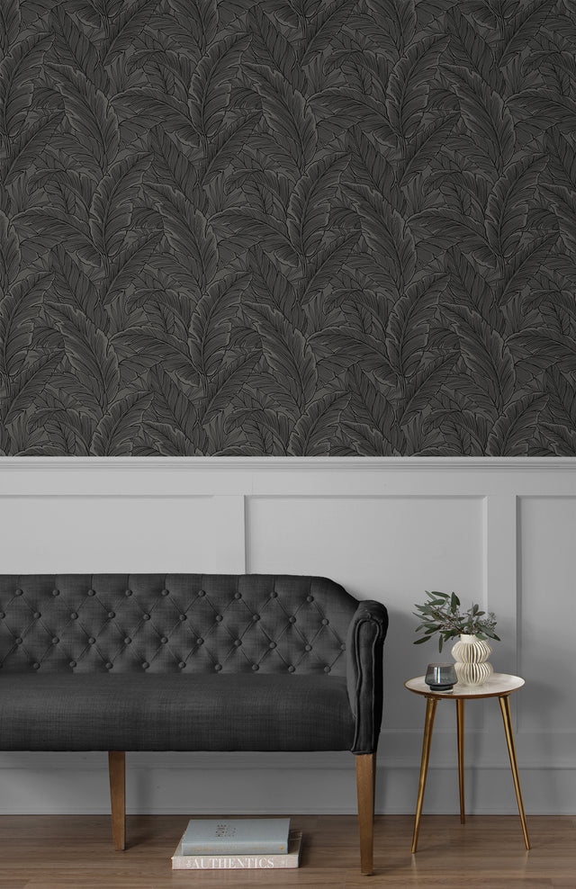 Gulf Tropical Leaves Slate Grey by Etten Studios Online Tropical Palm Leaf Wallpaper – Etten Studios ET13008