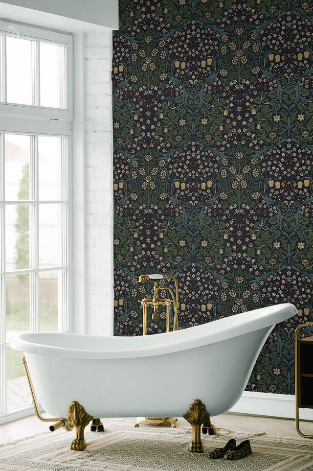 Victorian Floral Midnight Blue & Evergreen by Etten Studios Vintage Floral Wallpaper – Etten Studios ET13222