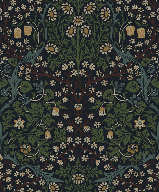 Victorian Floral wallpaper in the Midnight Blue & Evergreen colorway with an ornate vintage botanical motif.