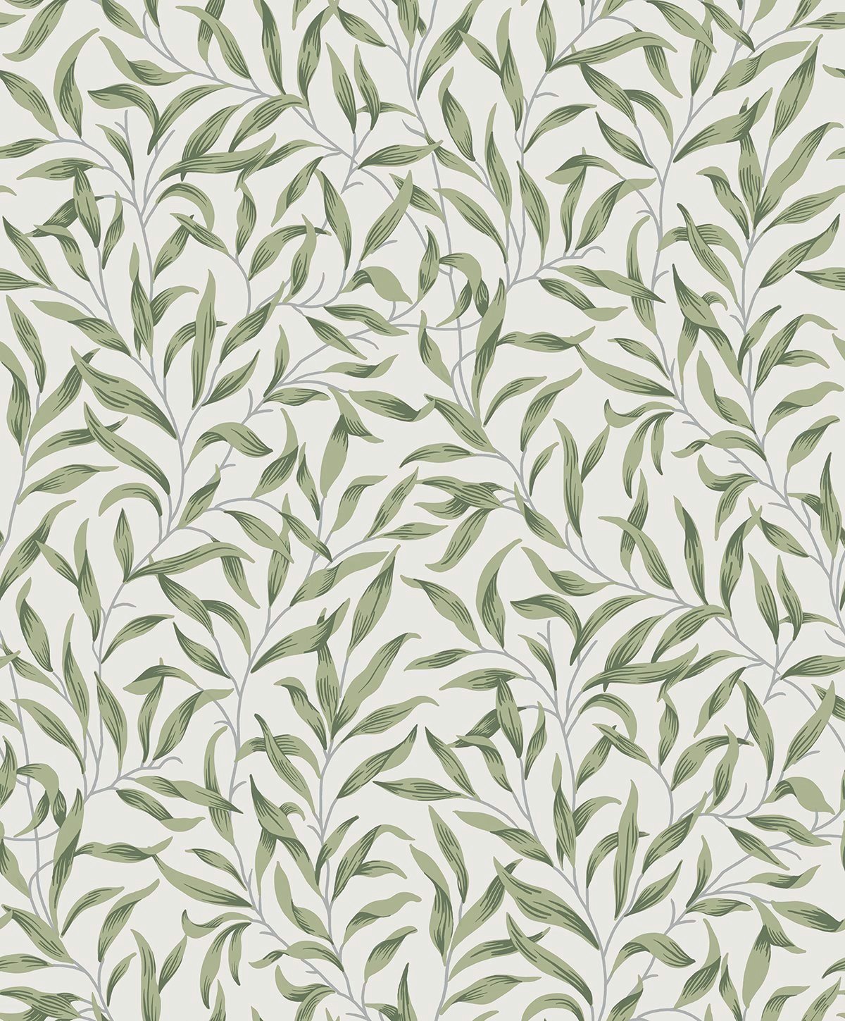 Willow Leaves botanical leaf wallpaper in Sprig Green with matte finish