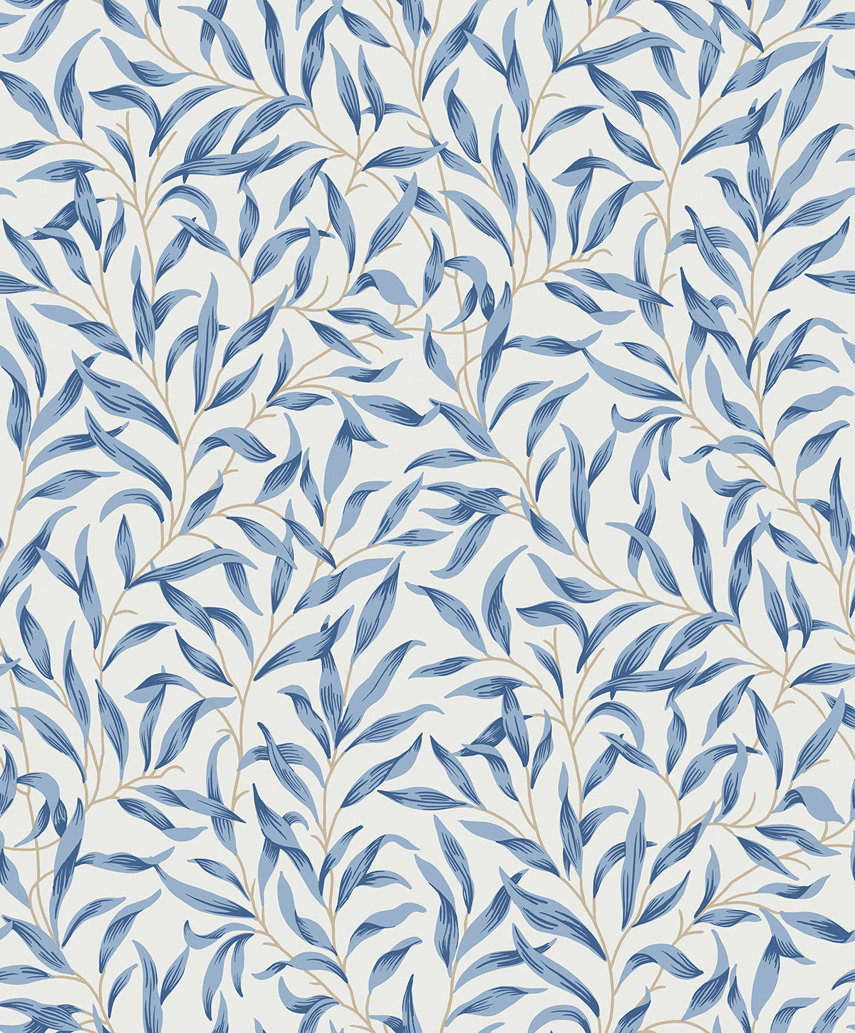 Willow Leaves wallpaper pattern in blue on an off-white background (Blue Lake colorway).