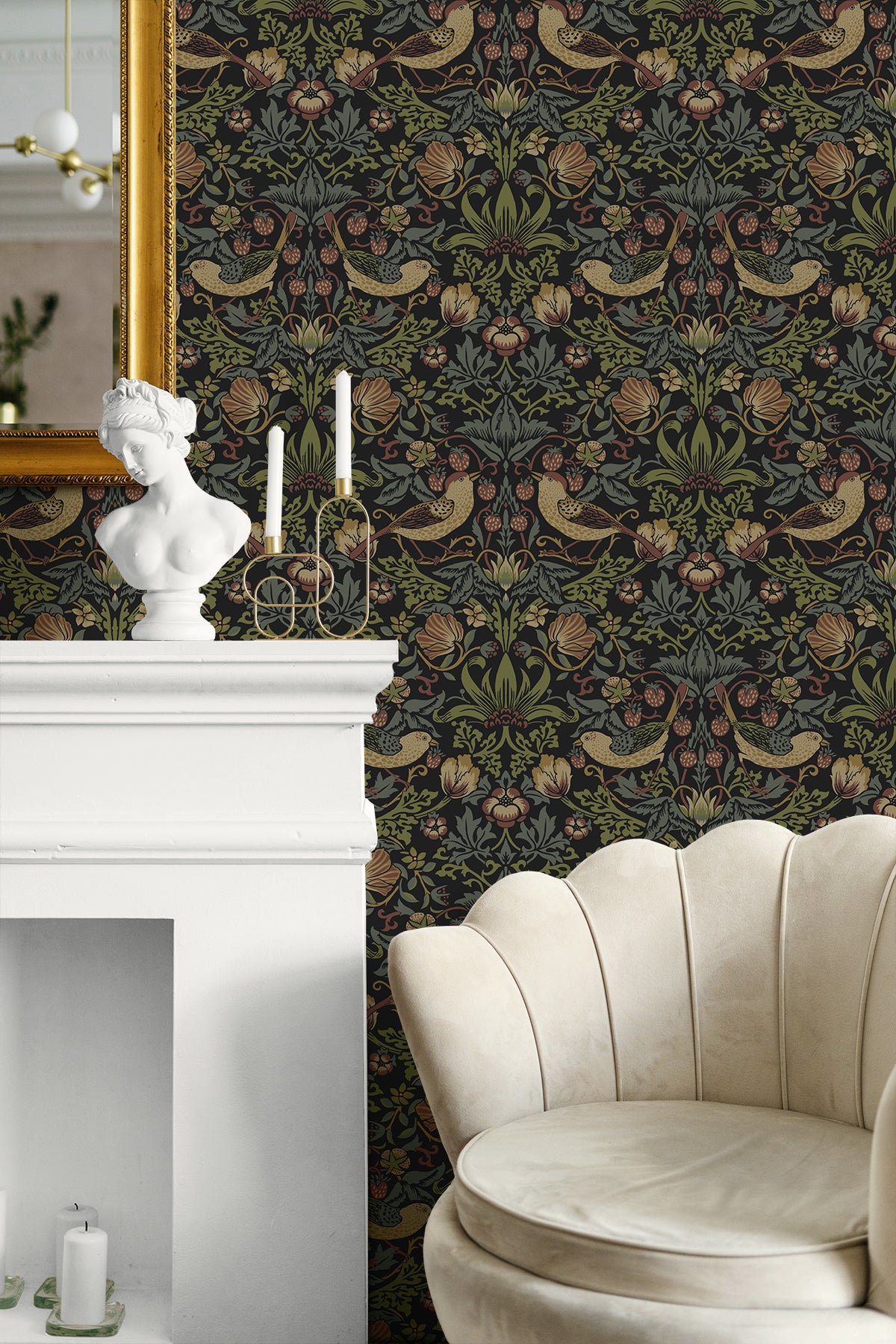 Strawberry Meadow Black by Etten Studios Online Botanical Bird Wallpaper – Etten Studios ET13401
