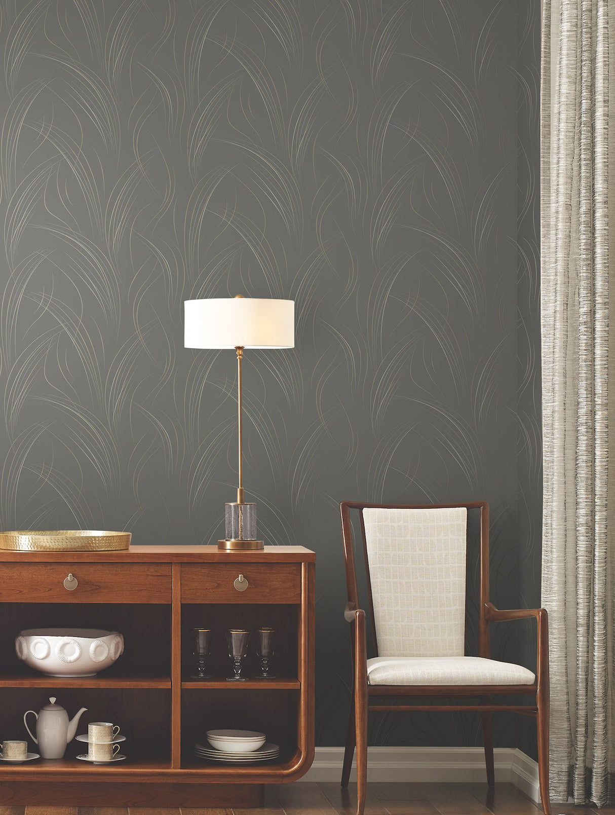 Graceful Wisp Charcoal Wallpaper with Geometric Grass Motif - York EV3936