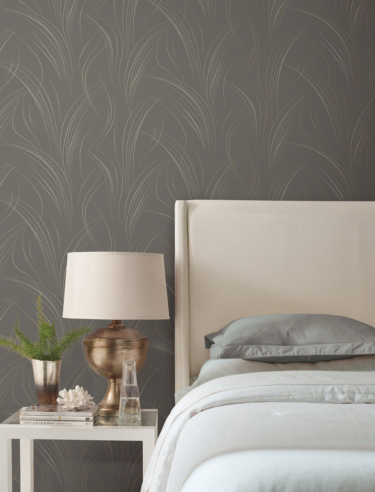 Graceful Wisp Charcoal Wallpaper with Geometric Grass Motif - York EV3936
