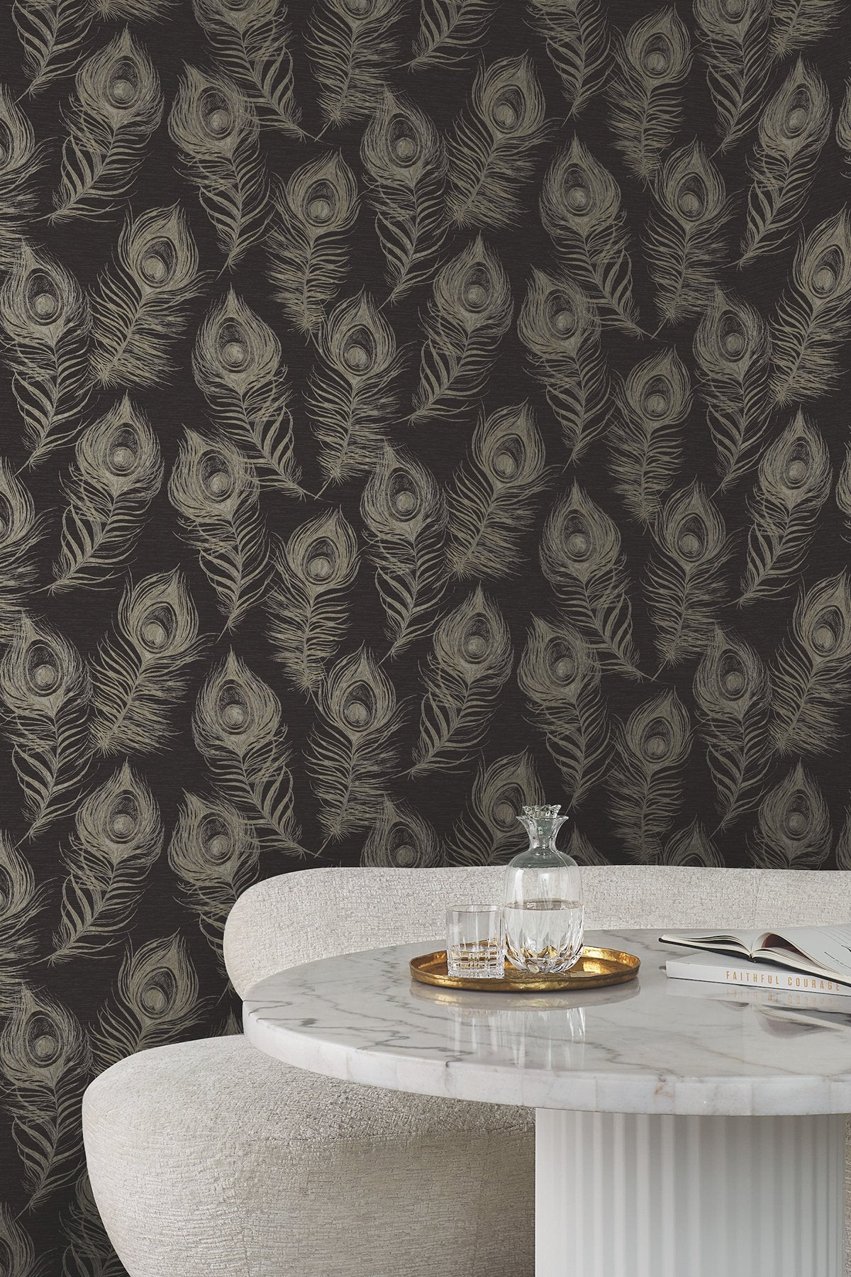 Regal Peacock Black Wallpaper with Iridescent Peacock Feather Pattern - York EV3942