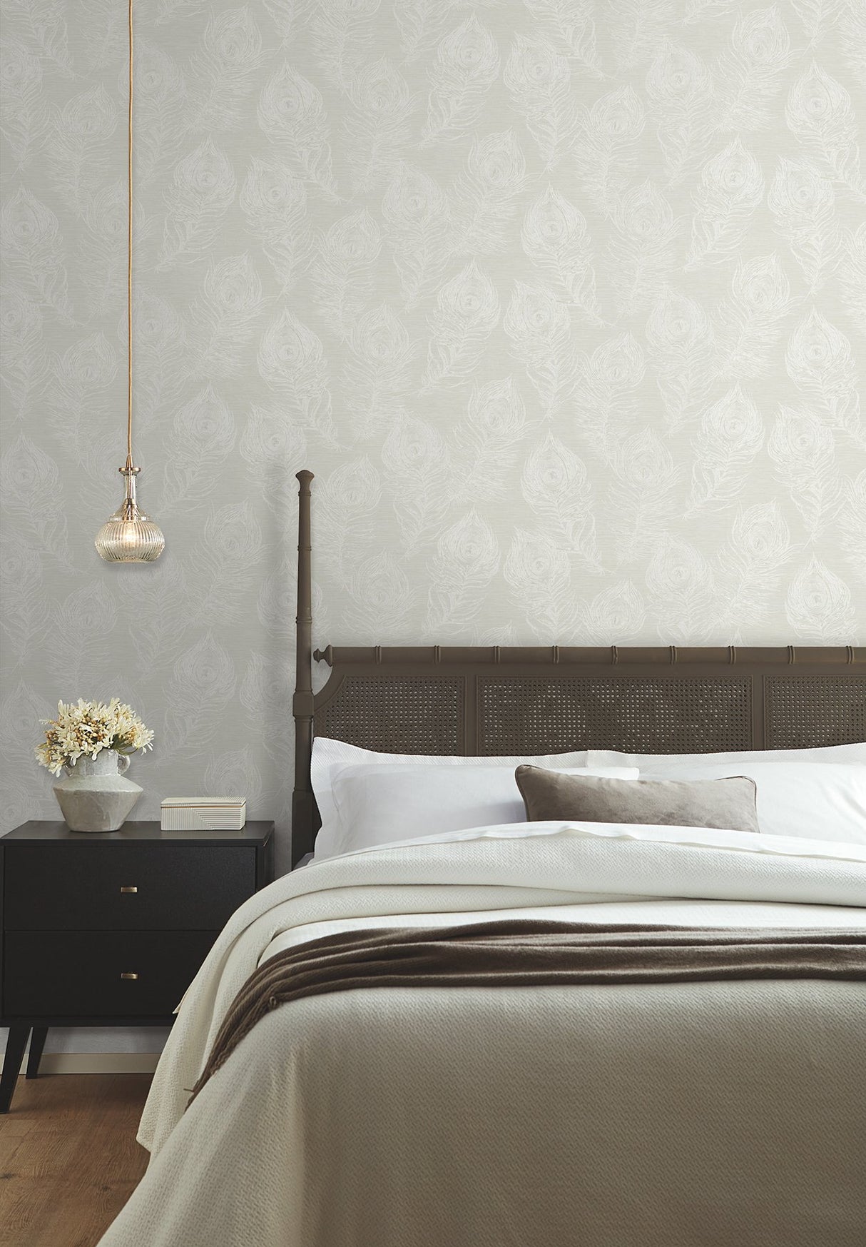 Regal Peacock White Wallpaper with Pearl Effect Feather Motif - York EV3944